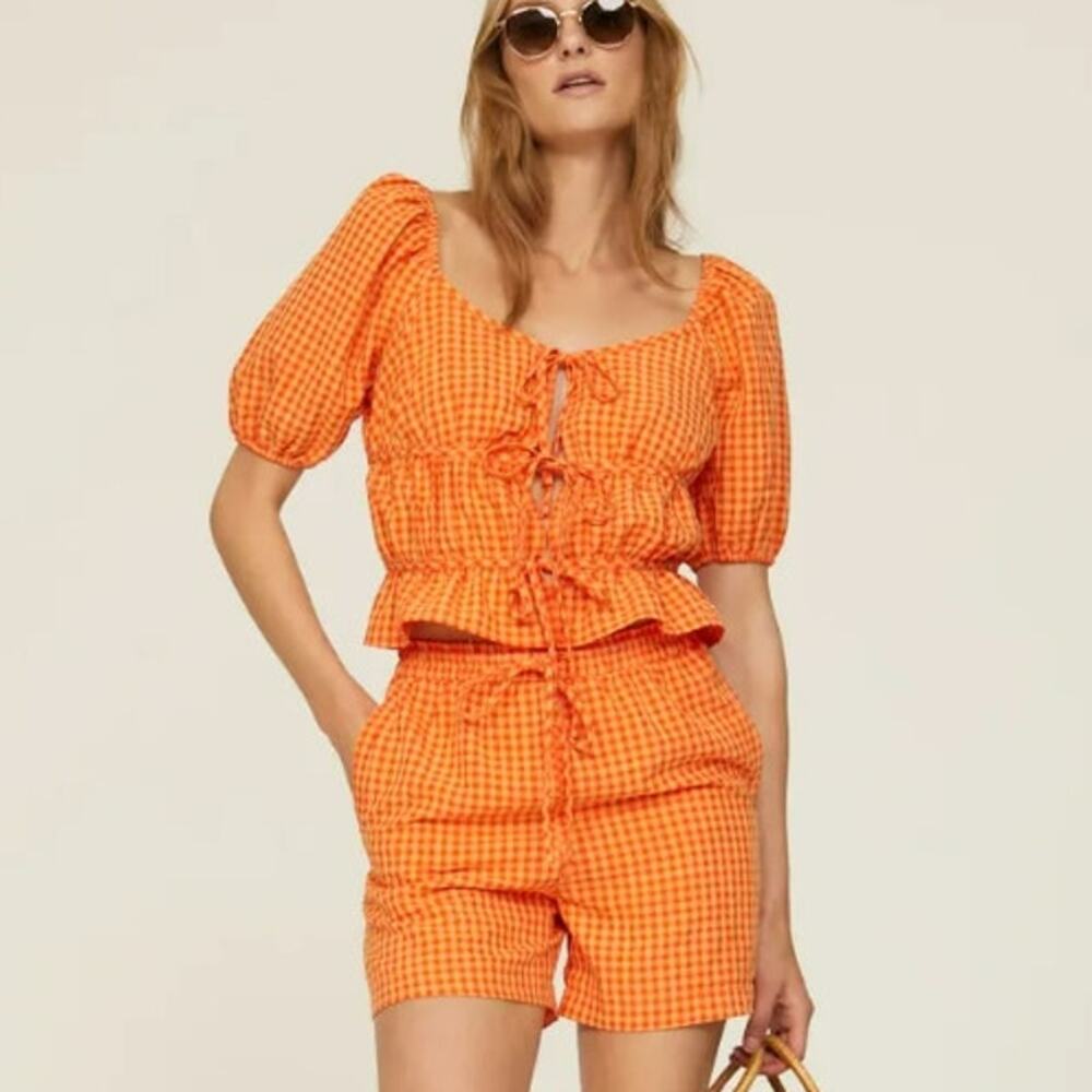 Louna Gingham Tie Top Orange Puff Short Sleeve Rayon Ruffle Hem Womens Small